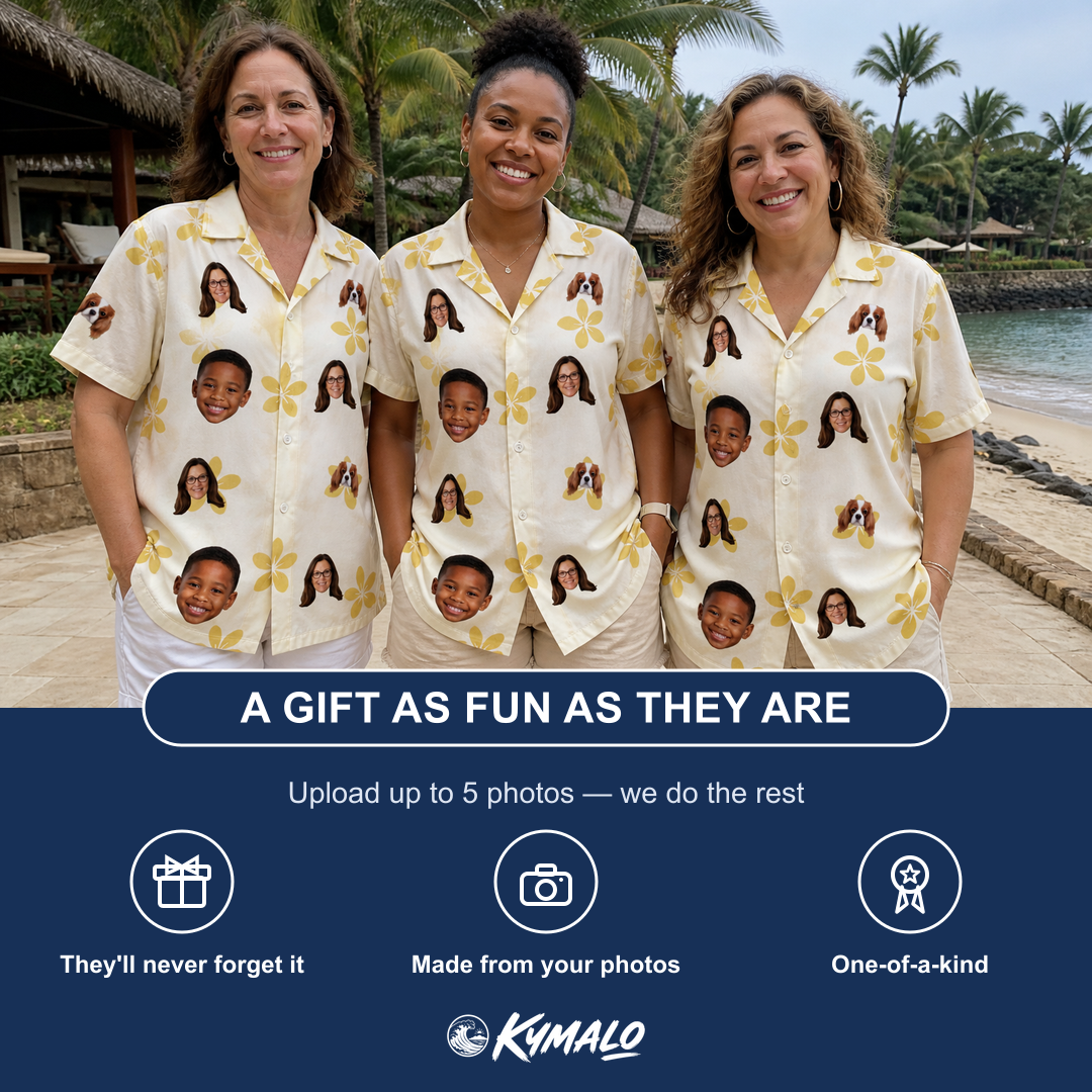 Friends in matching Women's Island Incense Custom Face Hawaiian Shirt — a group gift photo
