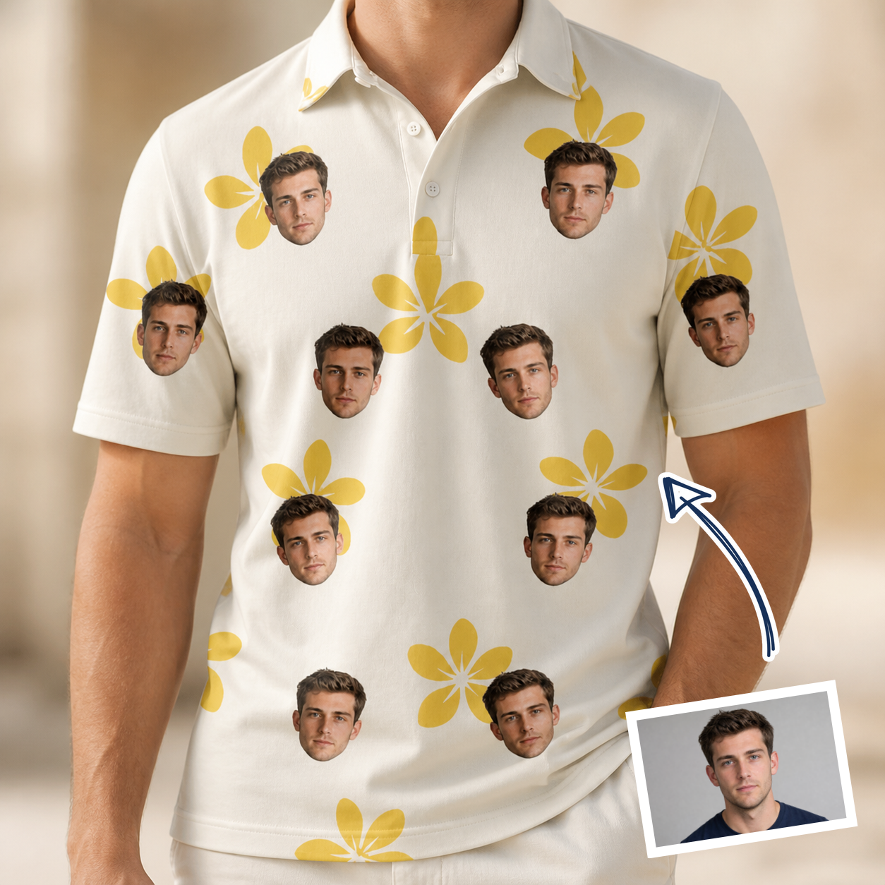 Man wearing Men's Island Incense Custom Face Polo Shirt — custom faces printed all-over