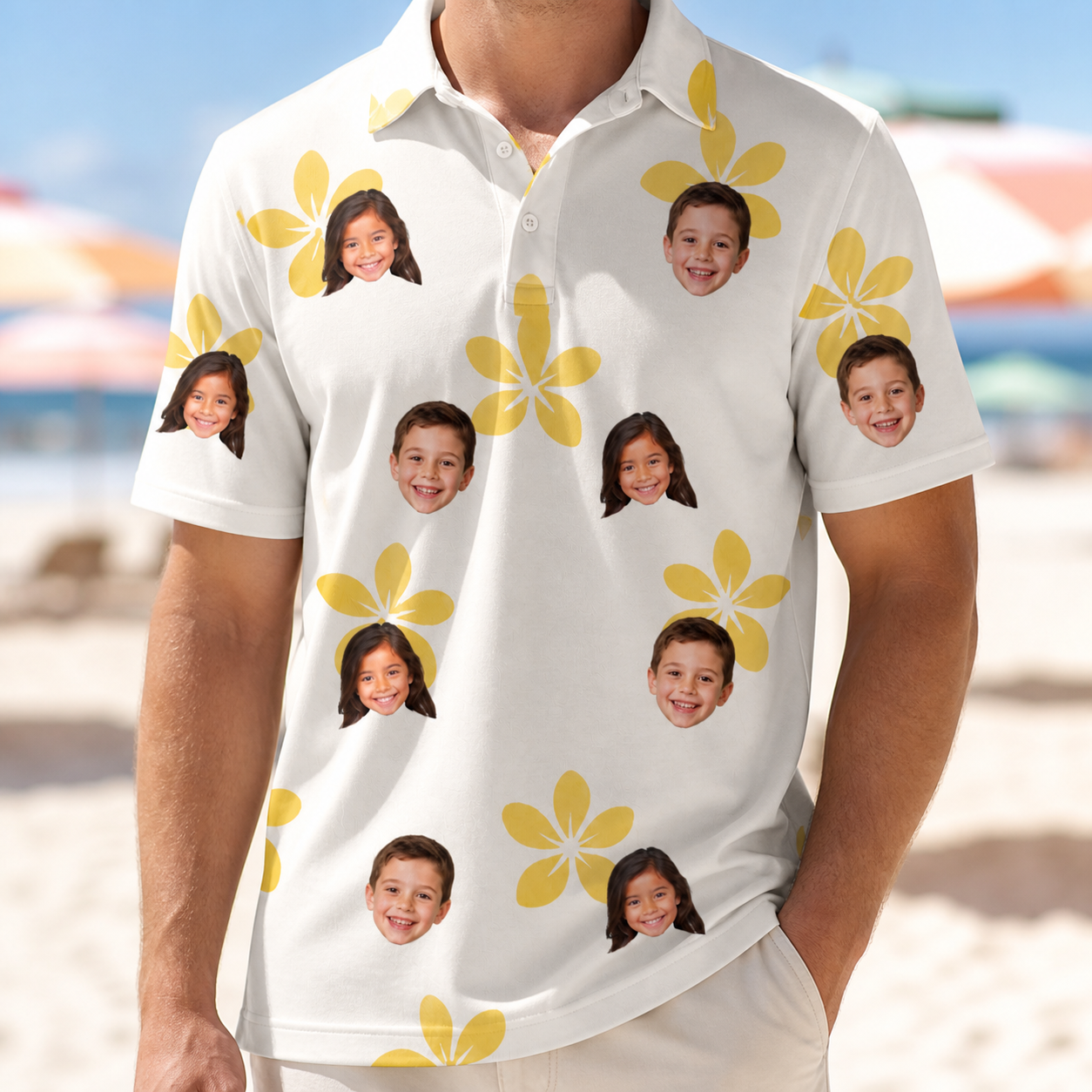 Model wearing Men's Island Incense Custom Face Polo Shirt printed with kids' faces