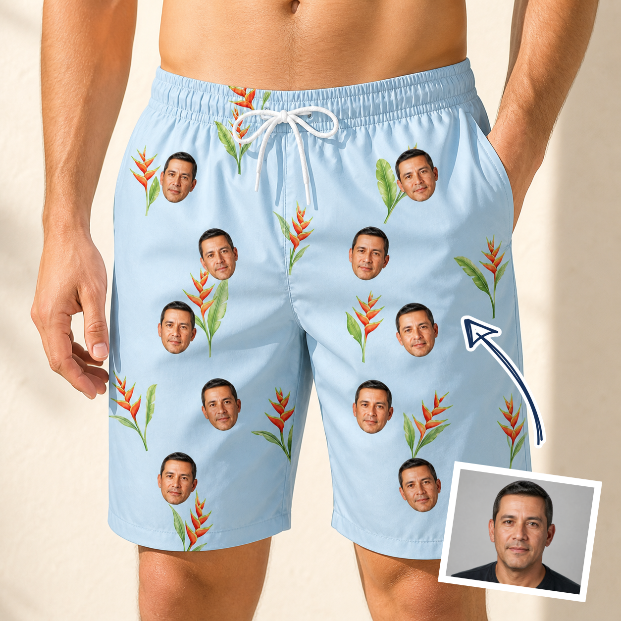 Man wearing Men's Heliconia Hooray Custom Face Beach Shorts — custom faces printed all-over