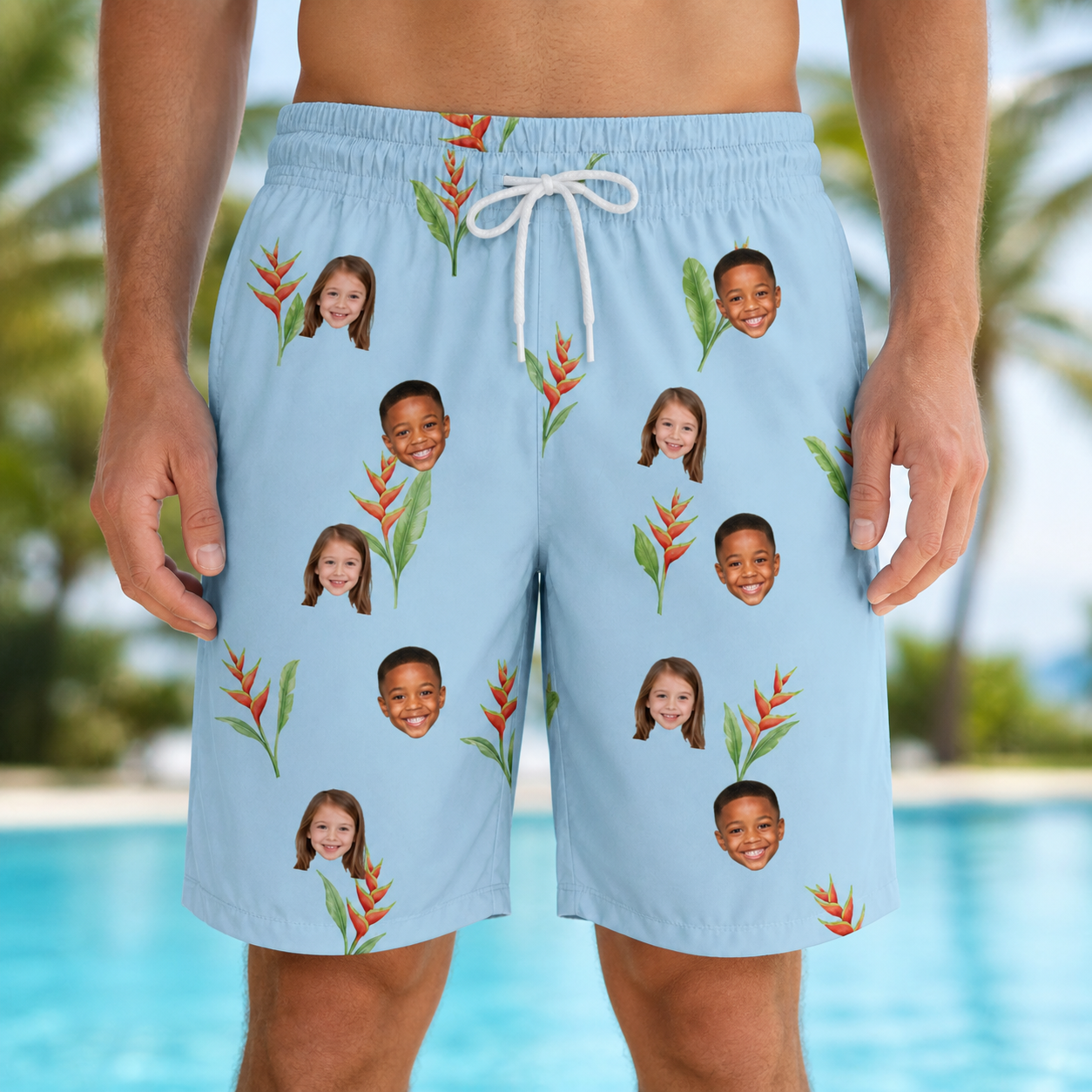 Model wearing Men's Heliconia Hooray Custom Face Beach Shorts printed with kids' faces