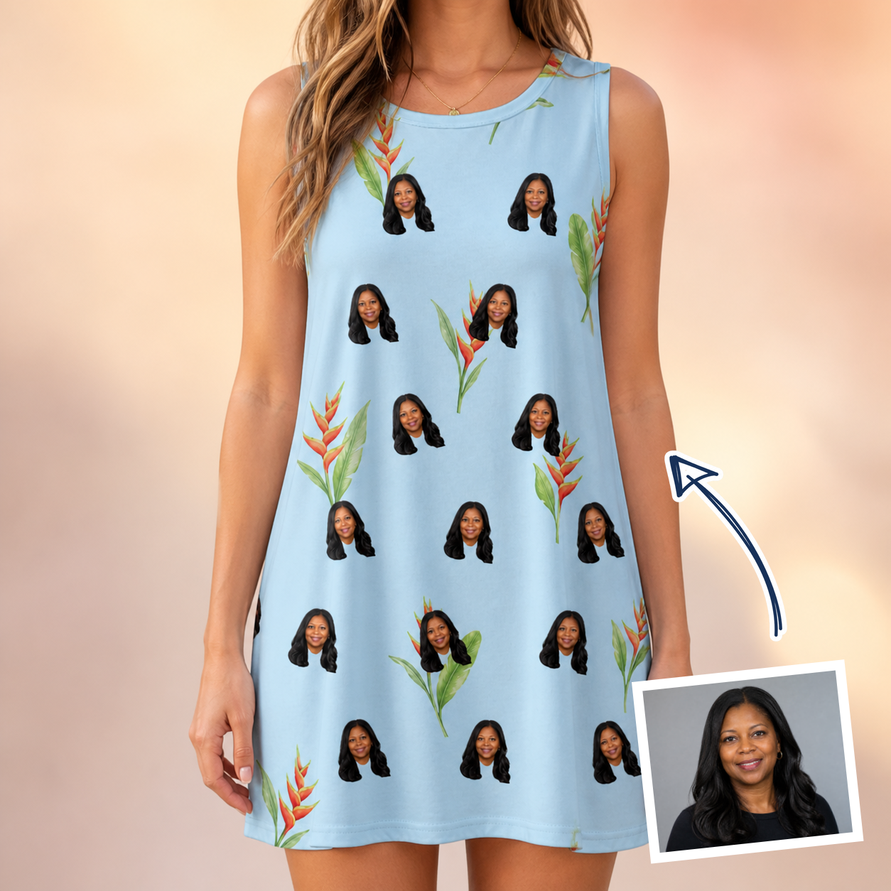 Woman wearing Women's Heliconia Hooray Custom Face Tank Dress — custom faces printed all-over
