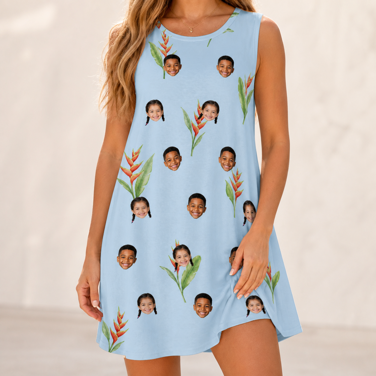 Model wearing Women's Heliconia Hooray Custom Face Tank Dress printed with kids' faces