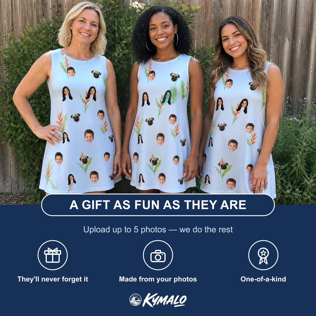 Friends in matching Women's Heliconia Hooray Custom Face Tank Dress — a group gift photo