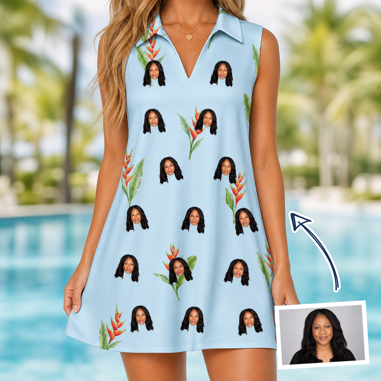 Woman wearing Women's Heliconia Hooray Custom Face V-Neck Dress — custom faces printed all-over