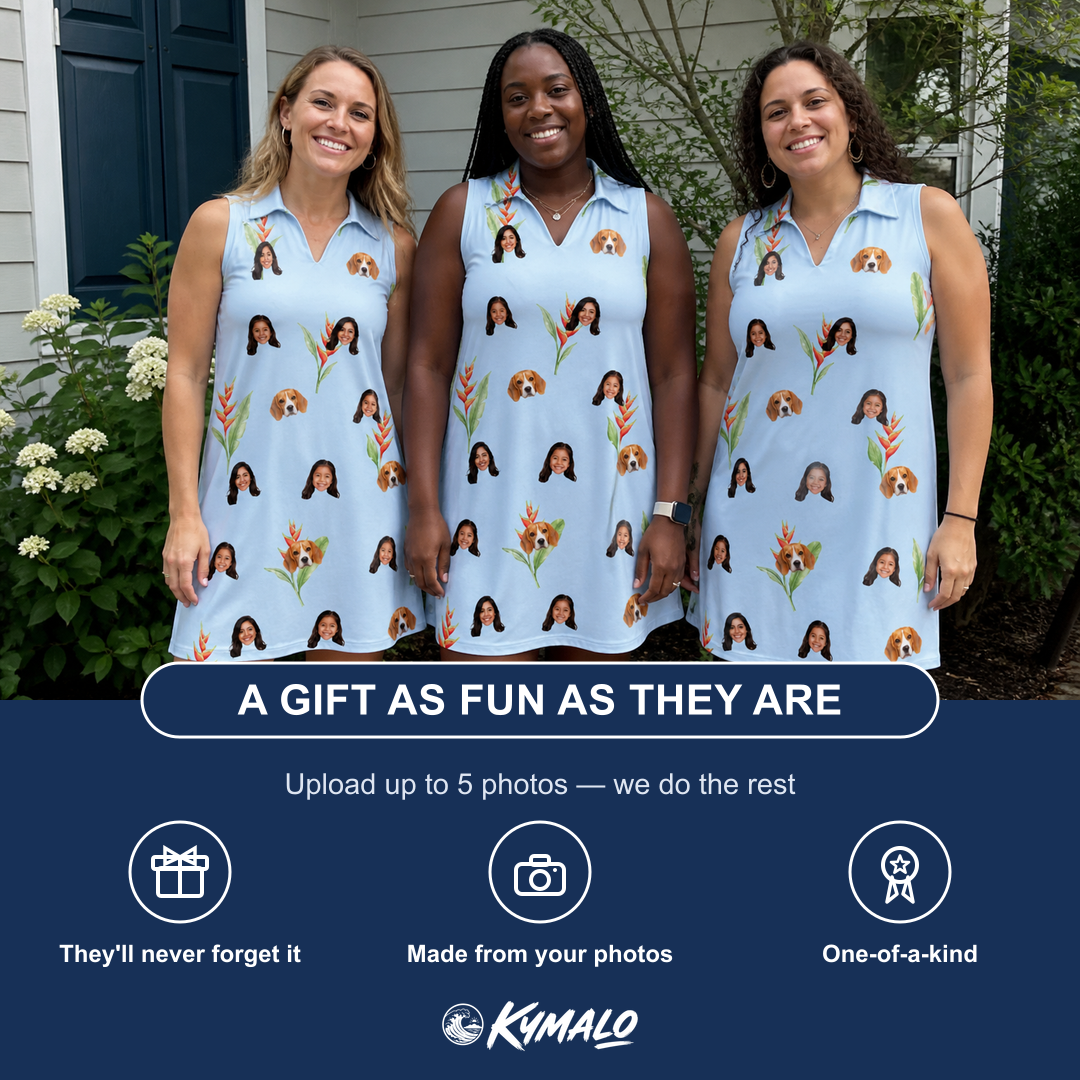 Friends in matching Women's Heliconia Hooray Custom Face V-Neck Dress — a group gift photo