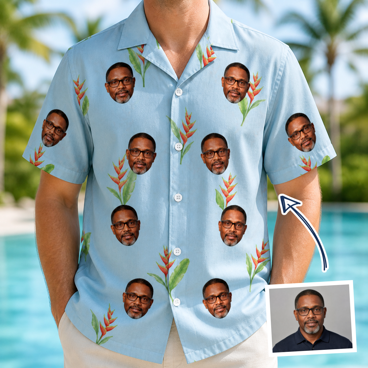 Man wearing Men's Heliconia Hooray Custom Face Hawaiian Shirt — custom faces printed all-over