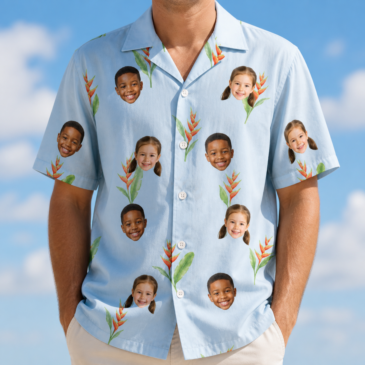 Model wearing Men's Heliconia Hooray Custom Face Hawaiian Shirt printed with kids' faces
