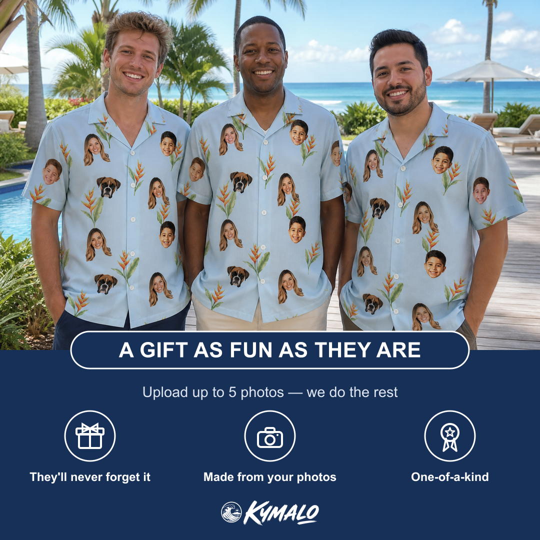 Friends in matching Men's Heliconia Hooray Custom Face Hawaiian Shirt — a group gift photo