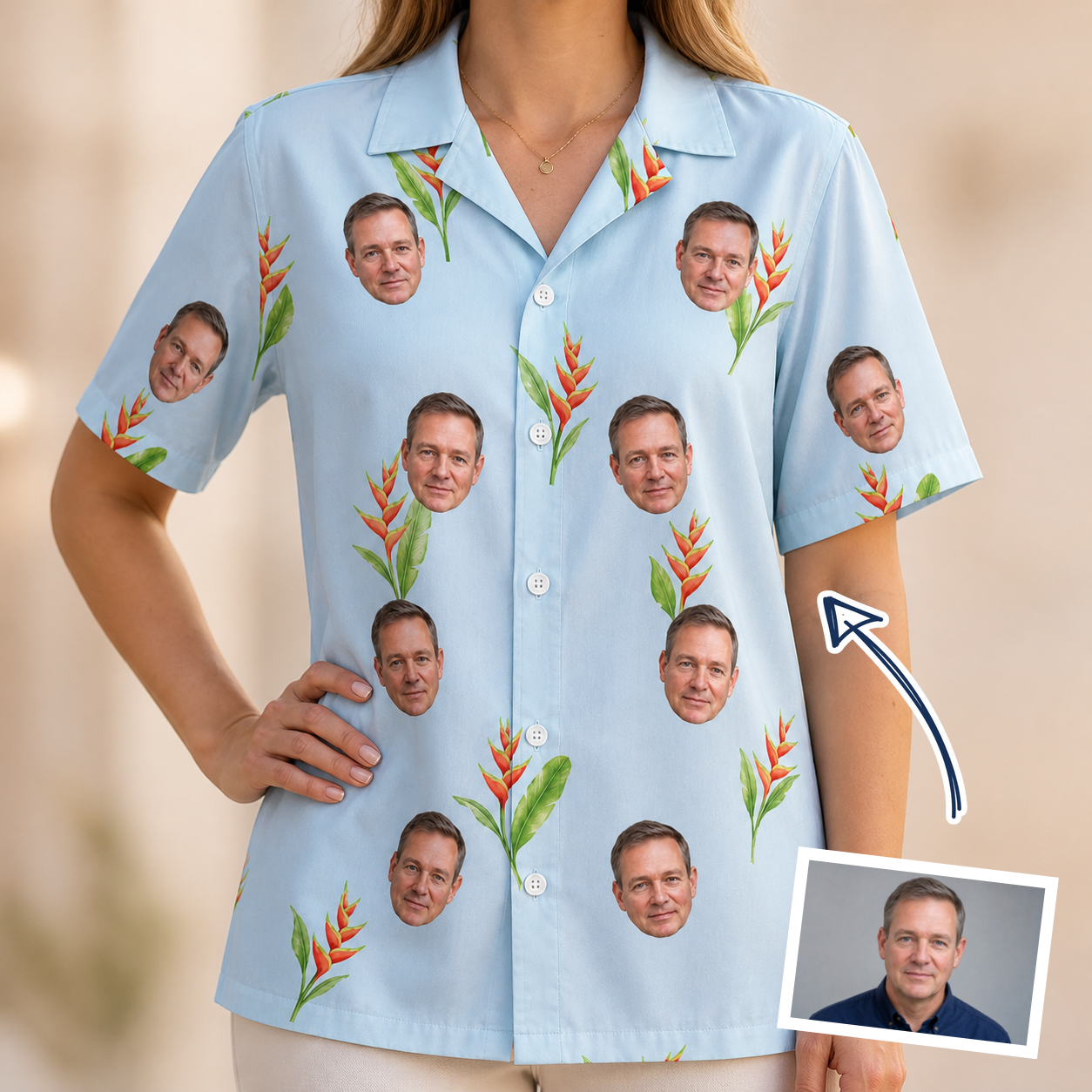 Woman wearing Women's Heliconia Hooray Custom Face Hawaiian Shirt — custom faces printed all-over