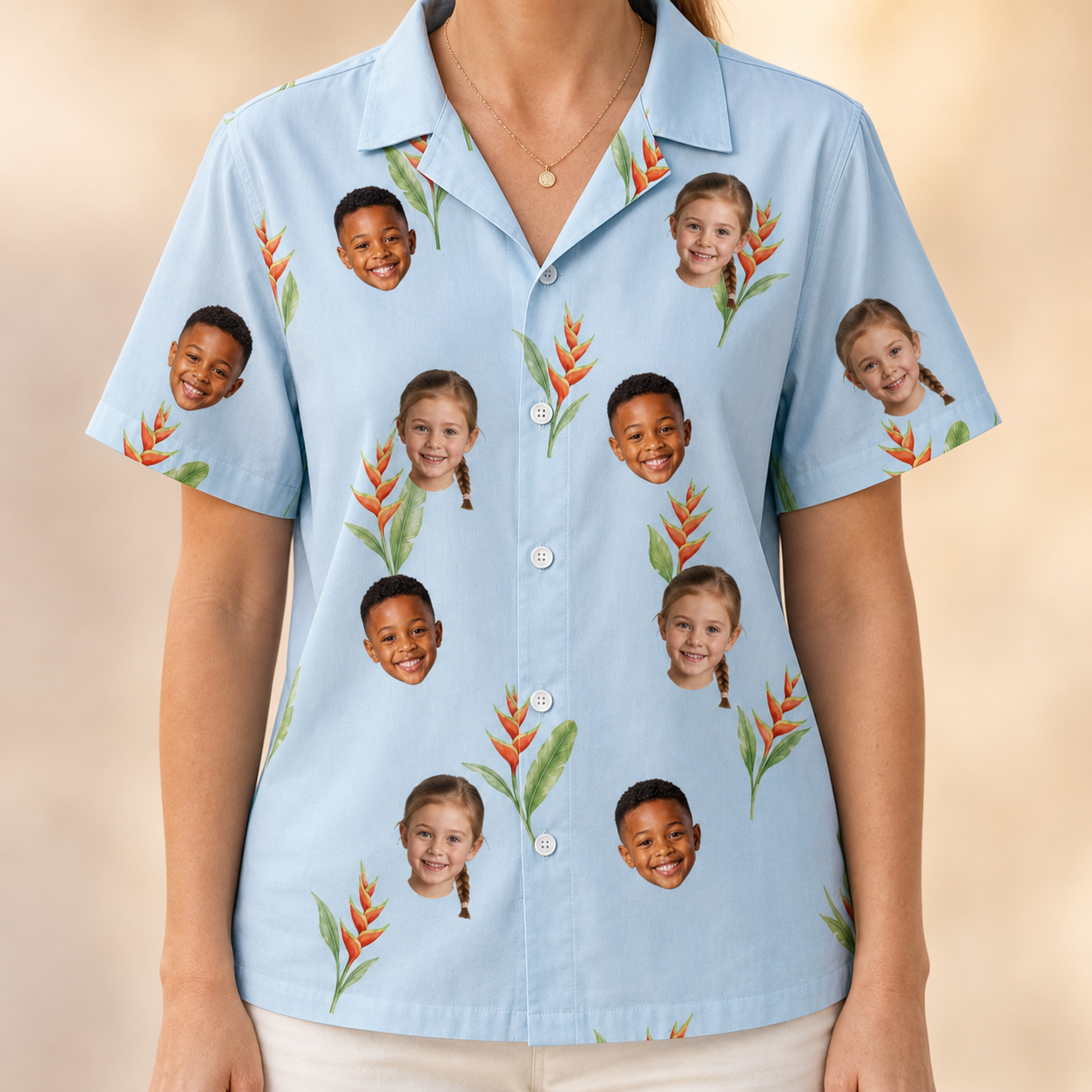 Model wearing Women's Heliconia Hooray Custom Face Hawaiian Shirt printed with kids' faces