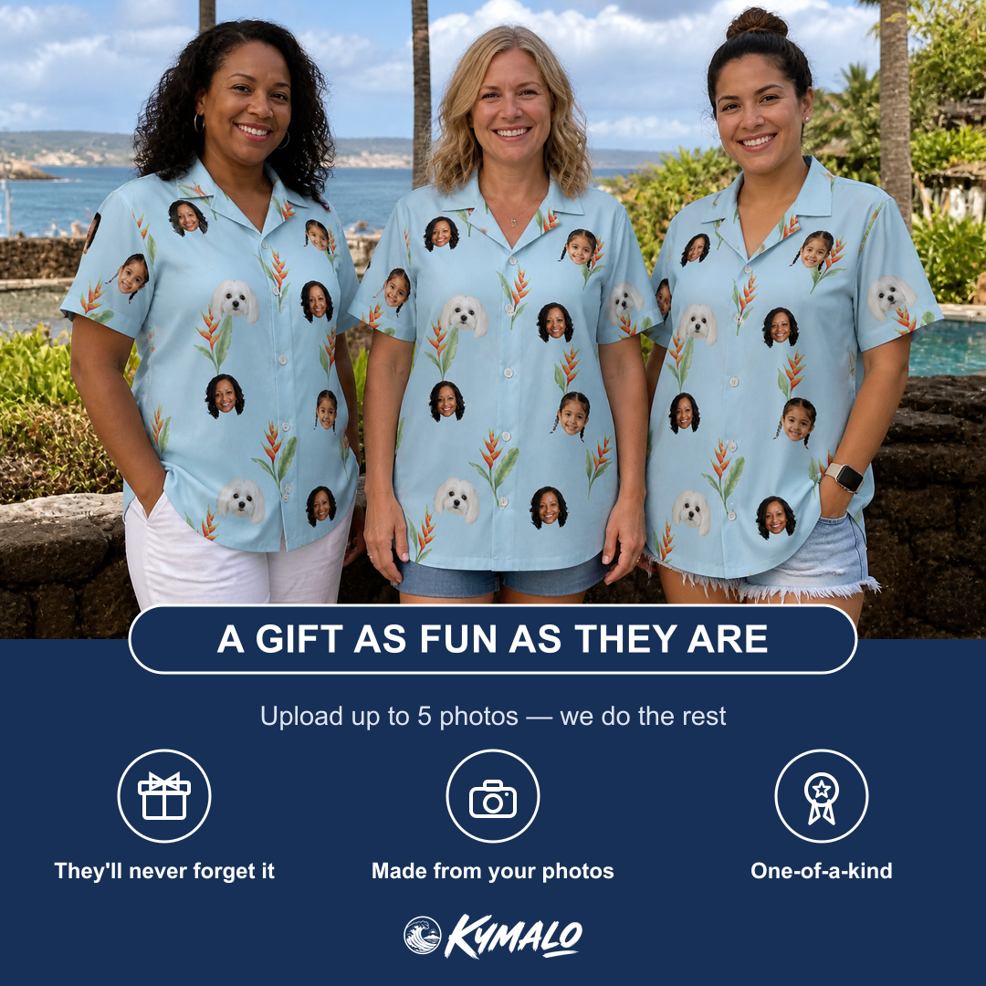 Friends in matching Women's Heliconia Hooray Custom Face Hawaiian Shirt — a group gift photo