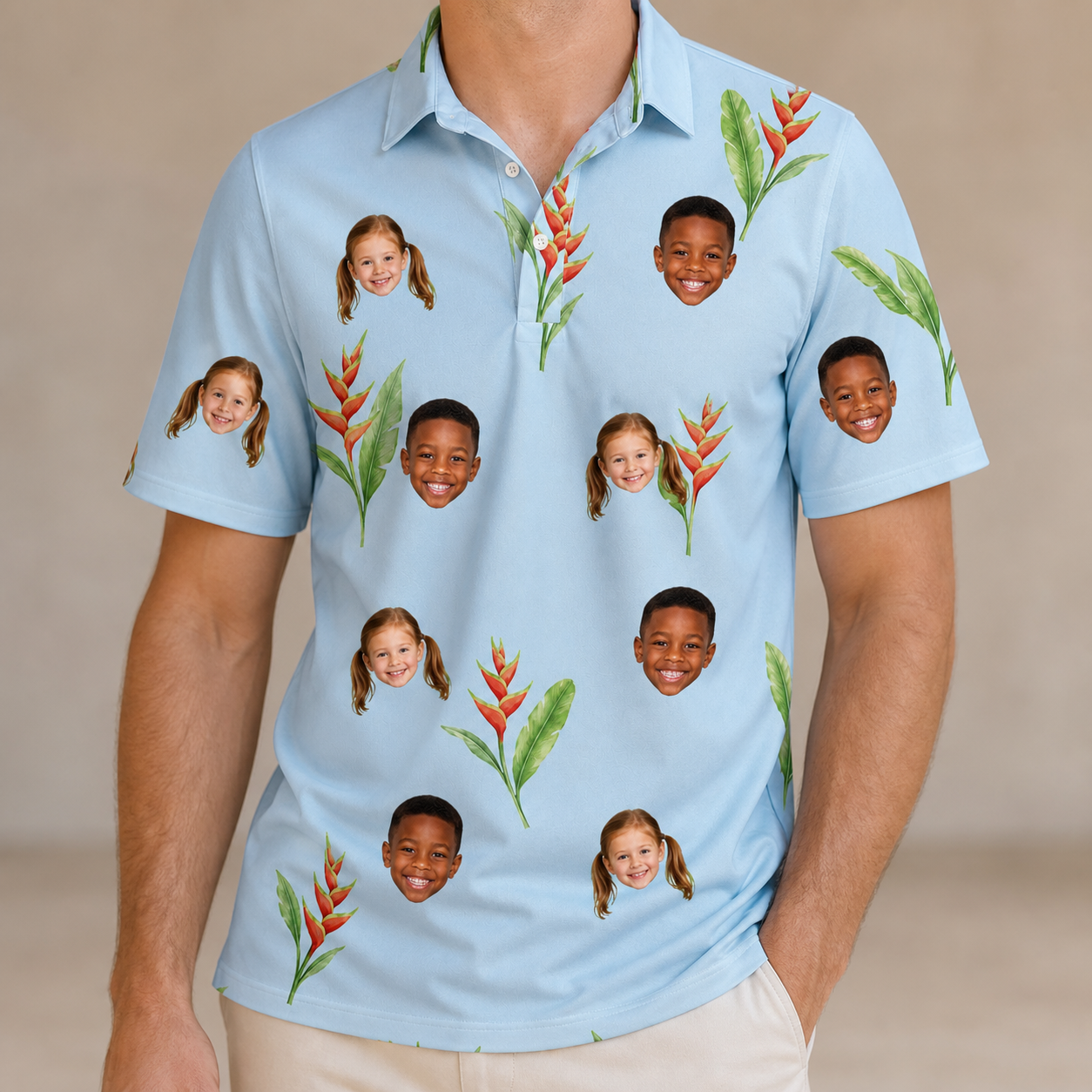 Model wearing Men's Heliconia Hooray Custom Face Polo Shirt printed with kids' faces