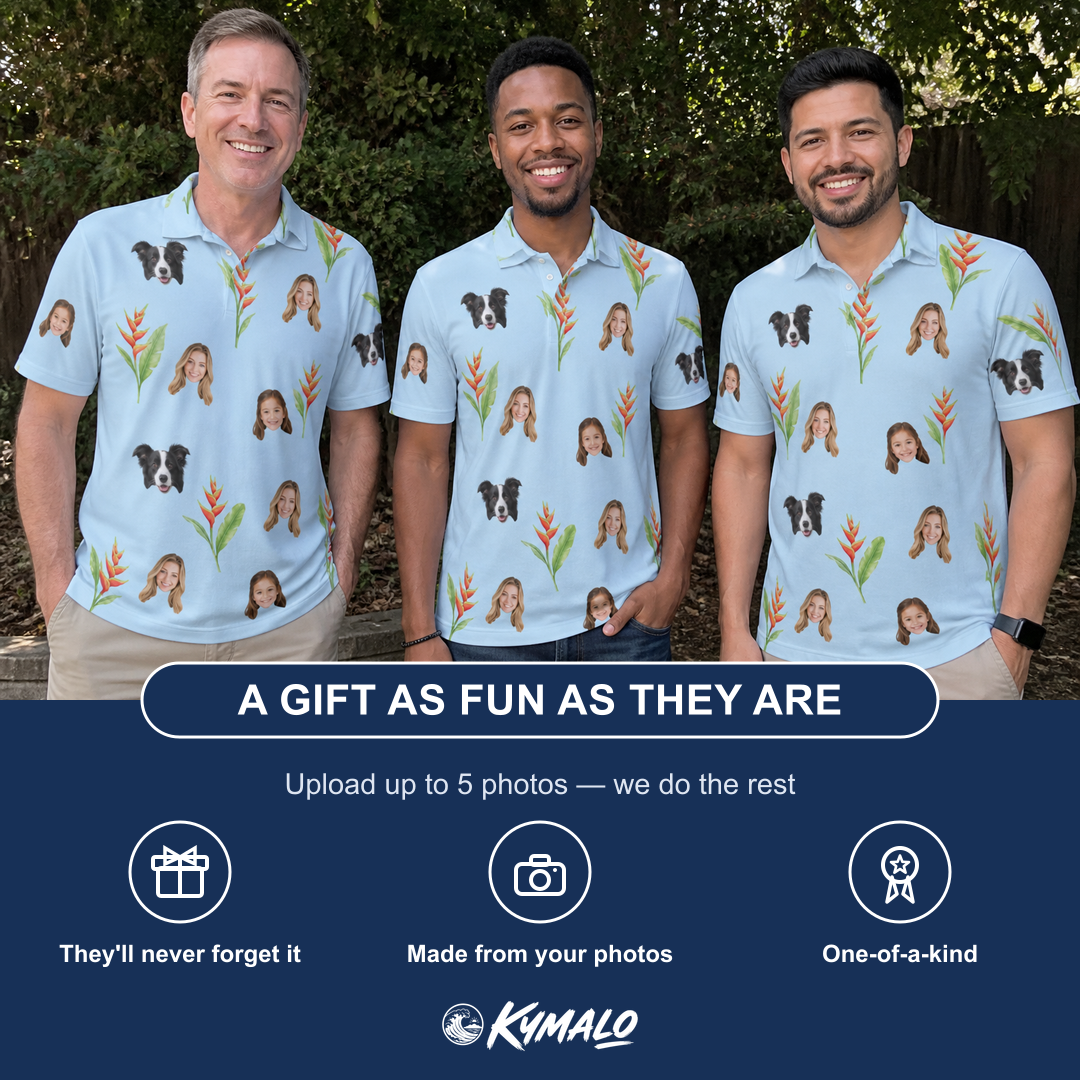 Friends in matching Men's Heliconia Hooray Custom Face Polo Shirt — a group gift photo
