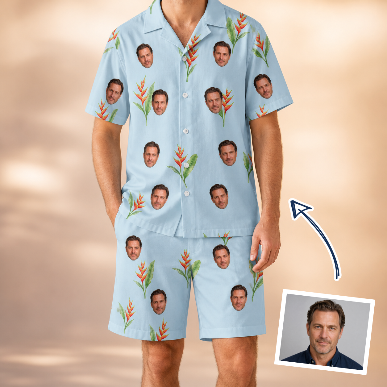 Man wearing Men's Heliconia Hooray Custom Face Shirt & Shorts Set — custom faces printed all-over