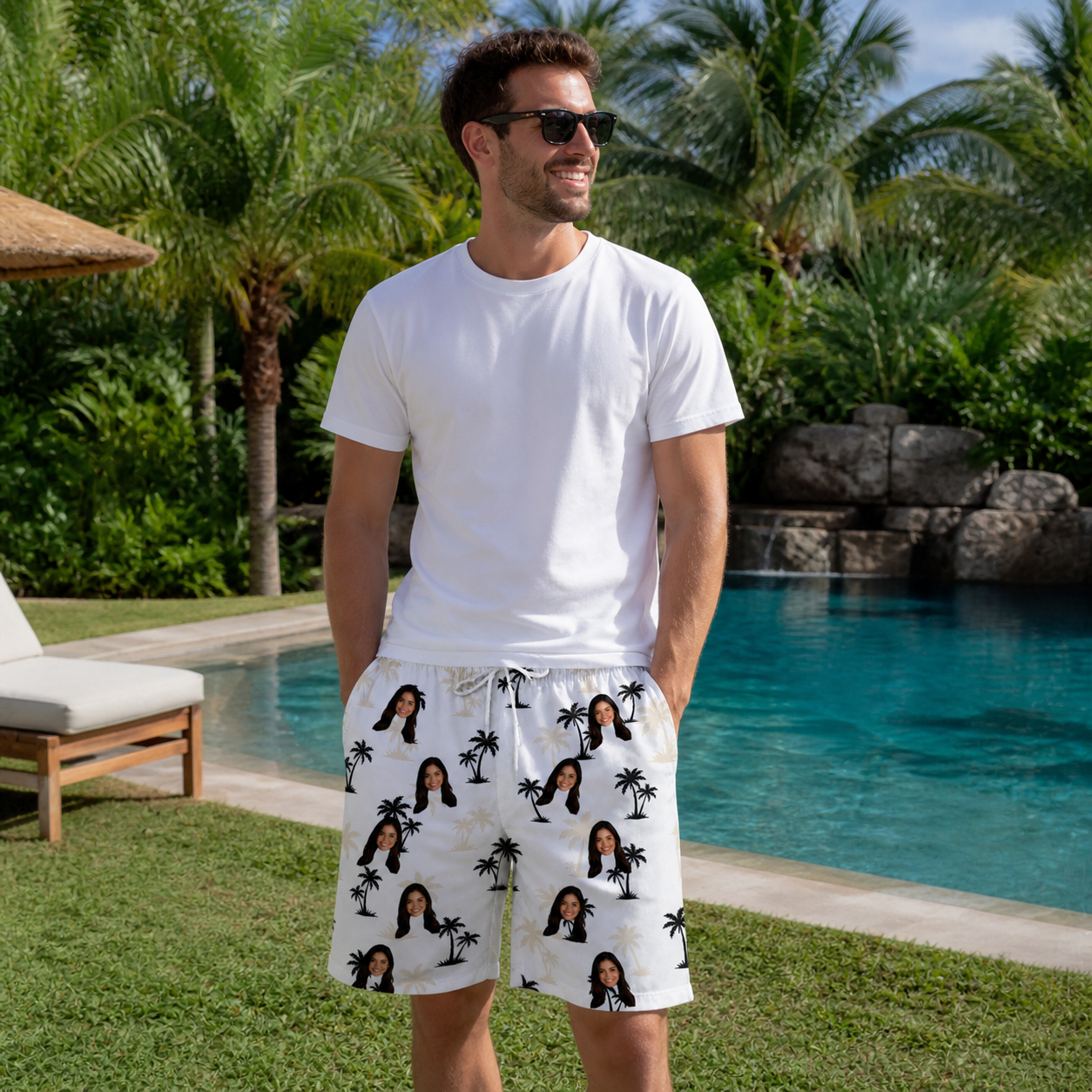 Real-life photo of someone wearing Men's Tropic Tangle Custom Face Beach Shorts — custom faces printed all-over
