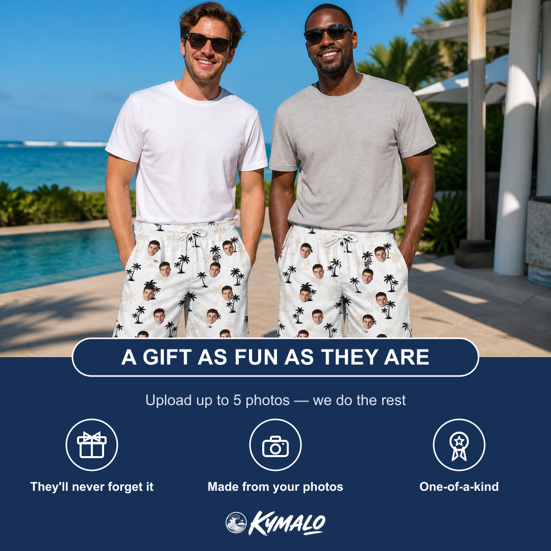 Friends in matching Men's Tropic Tangle Custom Face Beach Shorts — a group gift photo