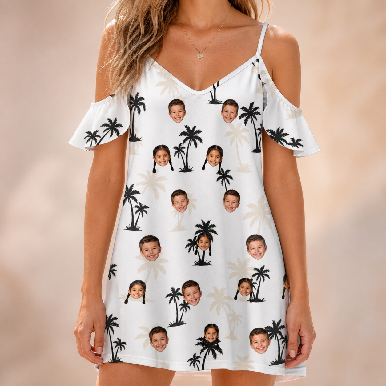 Model wearing Women's Tropic Tangle Custom Face Off-Shoulder Dress printed with kids' faces