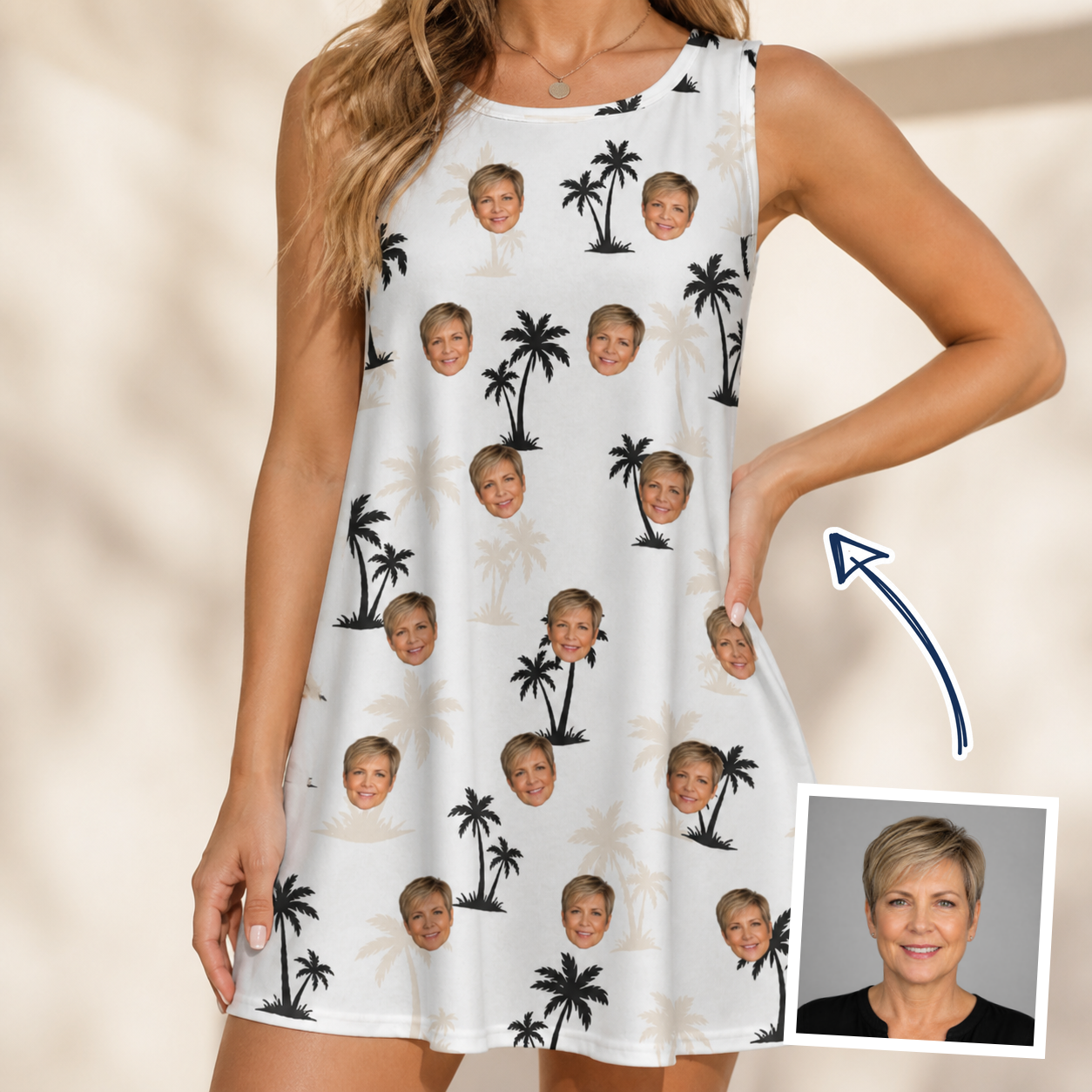 Woman wearing Women's Tropic Tangle Custom Face Tank Dress — custom faces printed all-over