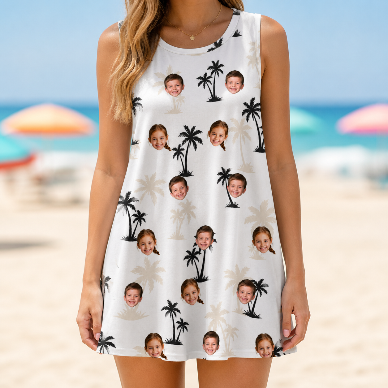 Model wearing Women's Tropic Tangle Custom Face Tank Dress printed with kids' faces