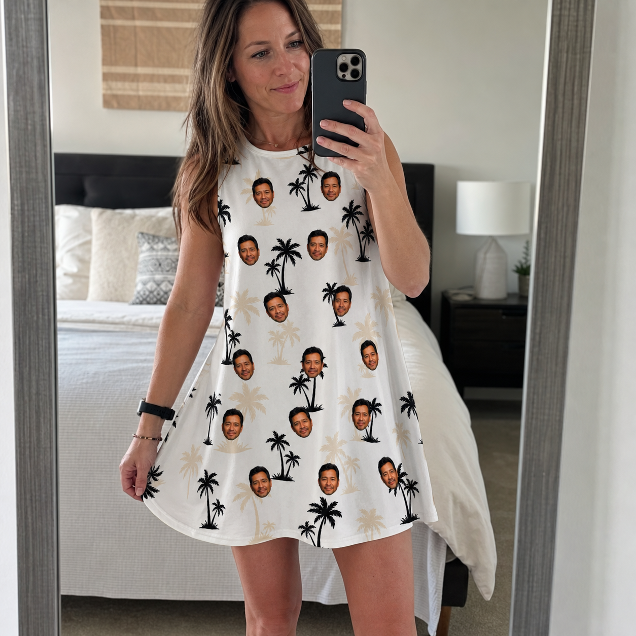 Real-life photo of someone wearing Women's Tropic Tangle Custom Face Tank Dress — custom faces printed all-over