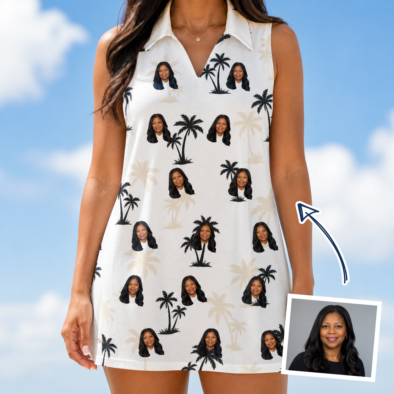 Woman wearing Women's Tropic Tangle Custom Face V-Neck Dress — custom faces printed all-over