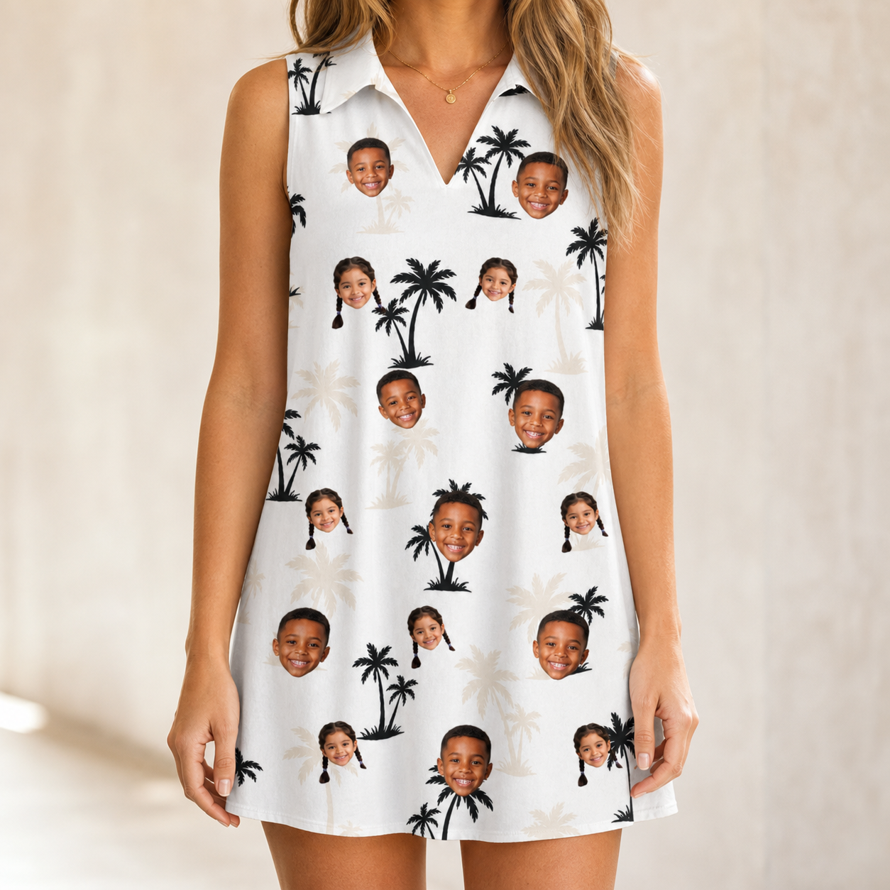 Model wearing Women's Tropic Tangle Custom Face V-Neck Dress printed with kids' faces