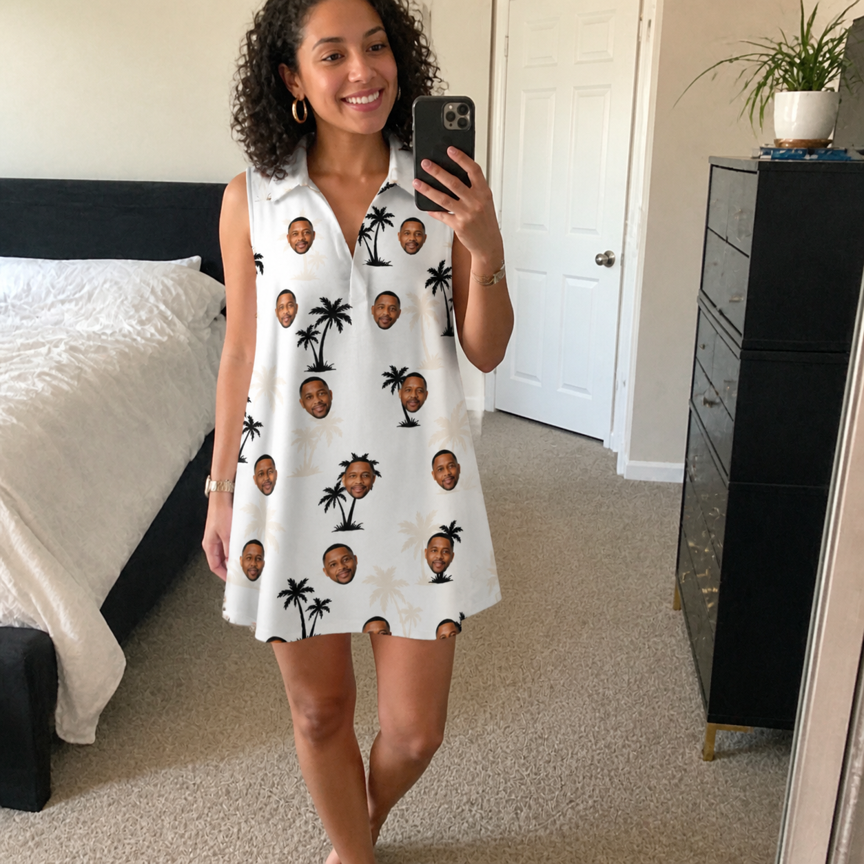 Real-life photo of someone wearing Women's Tropic Tangle Custom Face V-Neck Dress — custom faces printed all-over