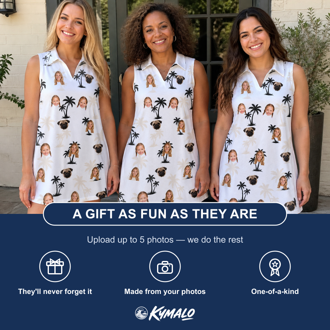 Friends in matching Women's Tropic Tangle Custom Face V-Neck Dress — a group gift photo