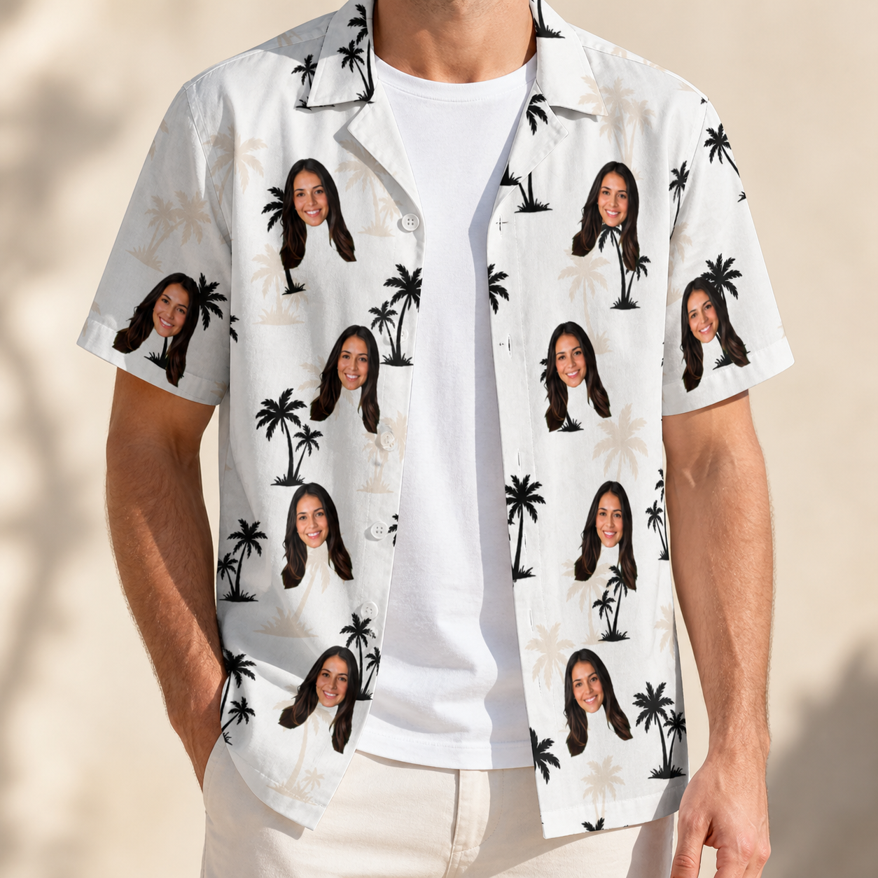 Man wearing Men's Tropic Tangle Custom Face Hawaiian Shirt open over a white tee