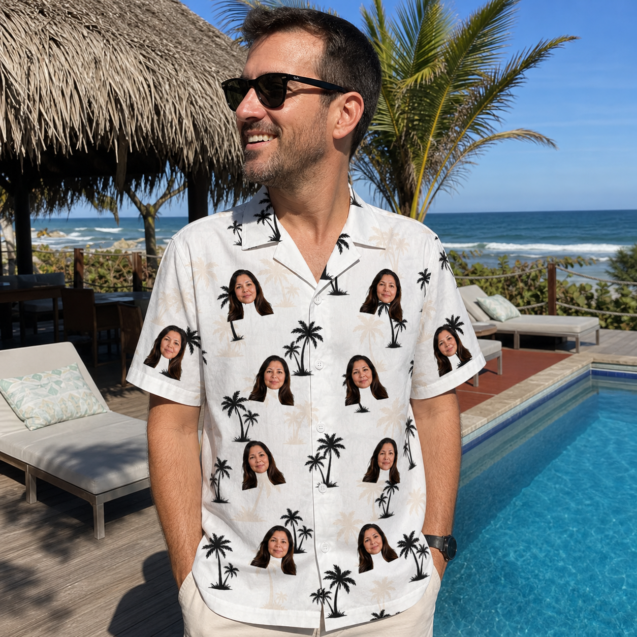 Real-life photo of someone wearing Men's Tropic Tangle Custom Face Hawaiian Shirt — custom faces printed all-over