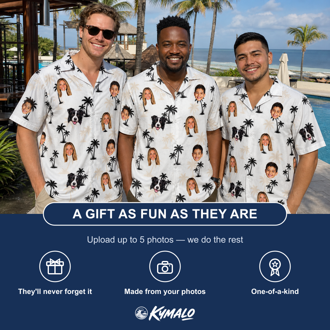 Friends in matching Men's Tropic Tangle Custom Face Hawaiian Shirt — a group gift photo