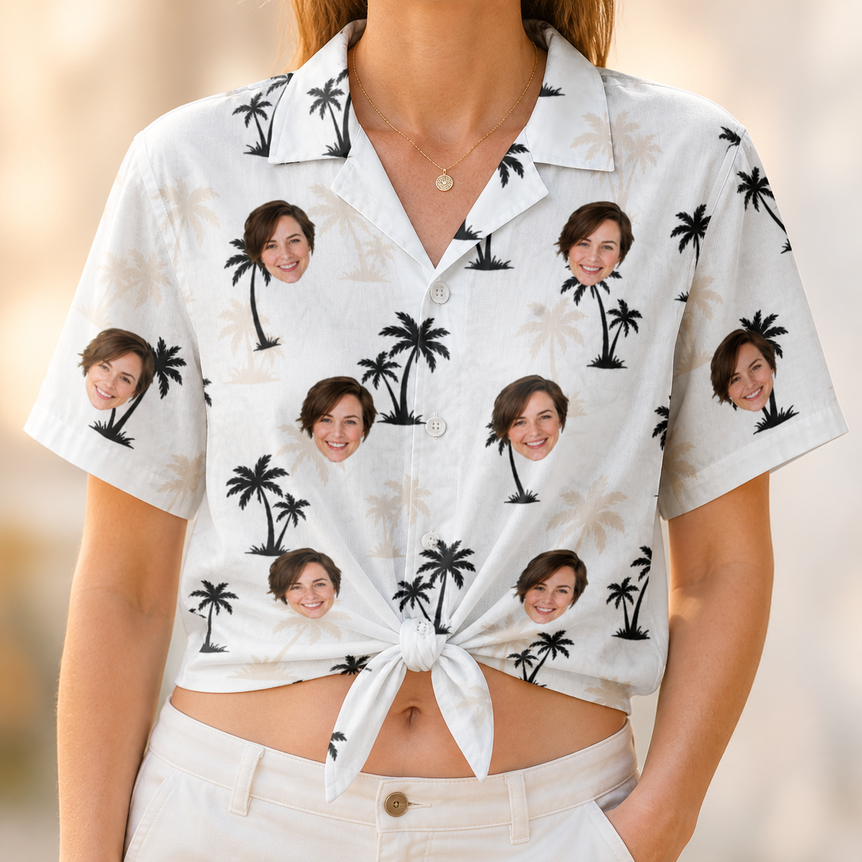 Woman wearing Women's Tropic Tangle Custom Face Hawaiian Shirt tied at the waist