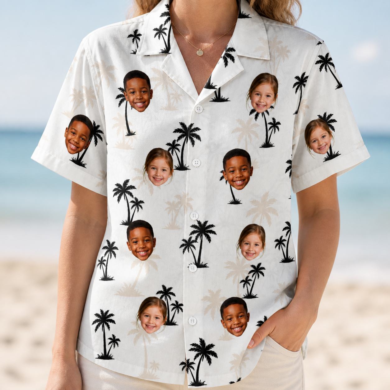 Model wearing Women's Tropic Tangle Custom Face Hawaiian Shirt printed with kids' faces