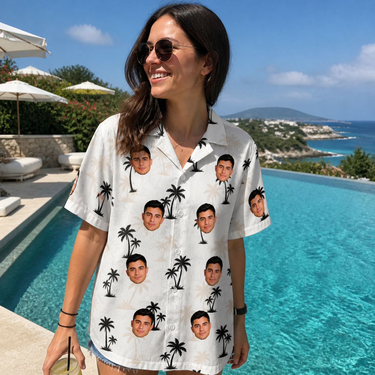 Real-life photo of someone wearing Women's Tropic Tangle Custom Face Hawaiian Shirt — custom faces printed all-over