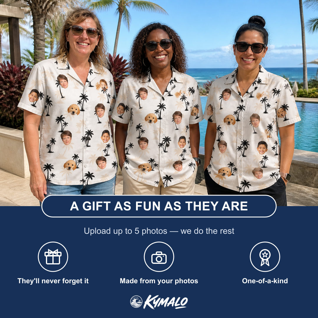 Friends in matching Women's Tropic Tangle Custom Face Hawaiian Shirt — a group gift photo