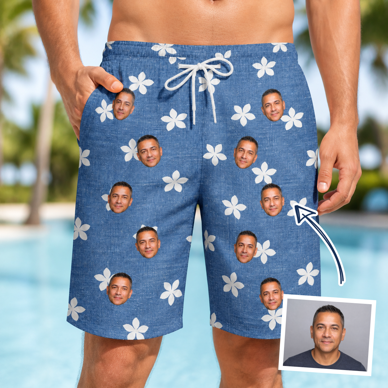Man wearing Men's Bloom Lagoon Custom Face Beach Shorts — custom faces printed all-over