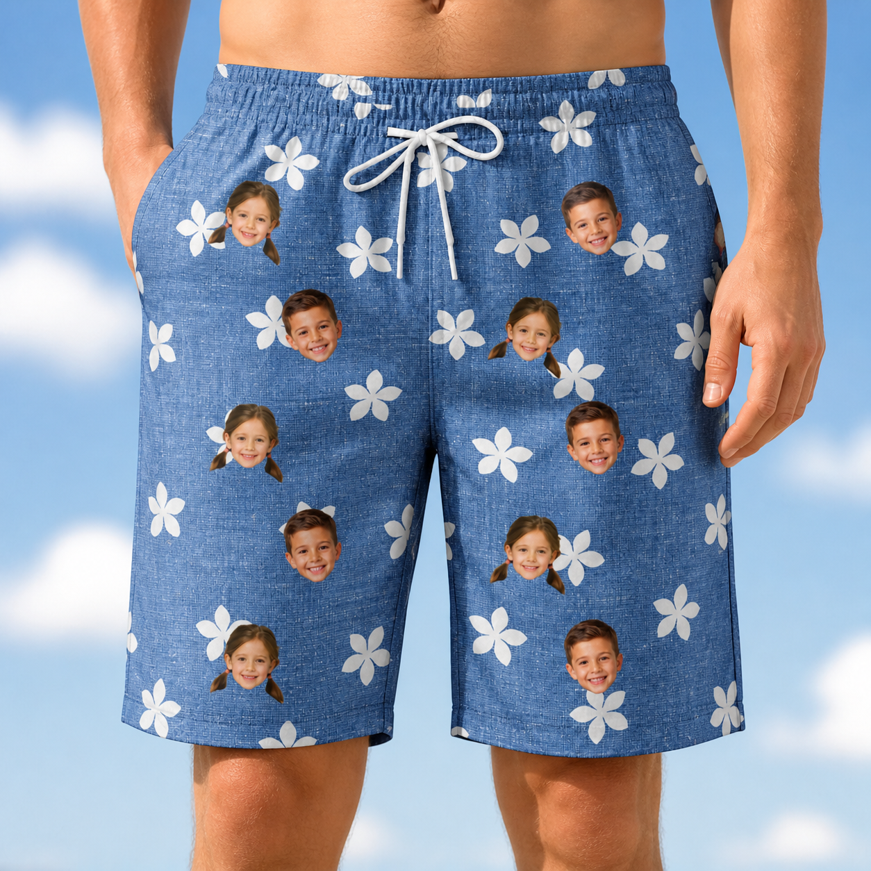 Model wearing Men's Bloom Lagoon Custom Face Beach Shorts printed with kids' faces
