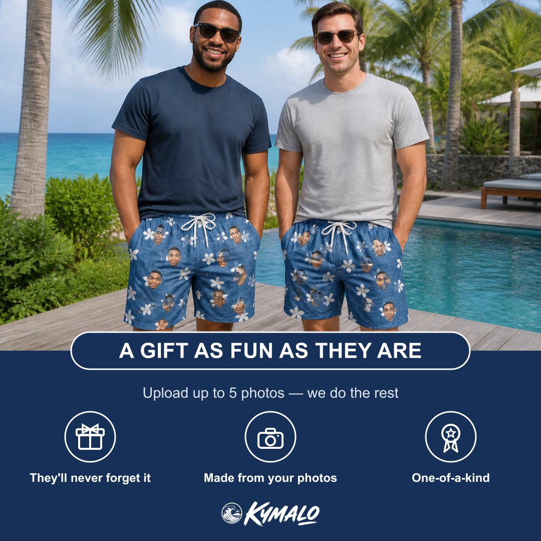 Friends in matching Men's Bloom Lagoon Custom Face Beach Shorts — a group gift photo
