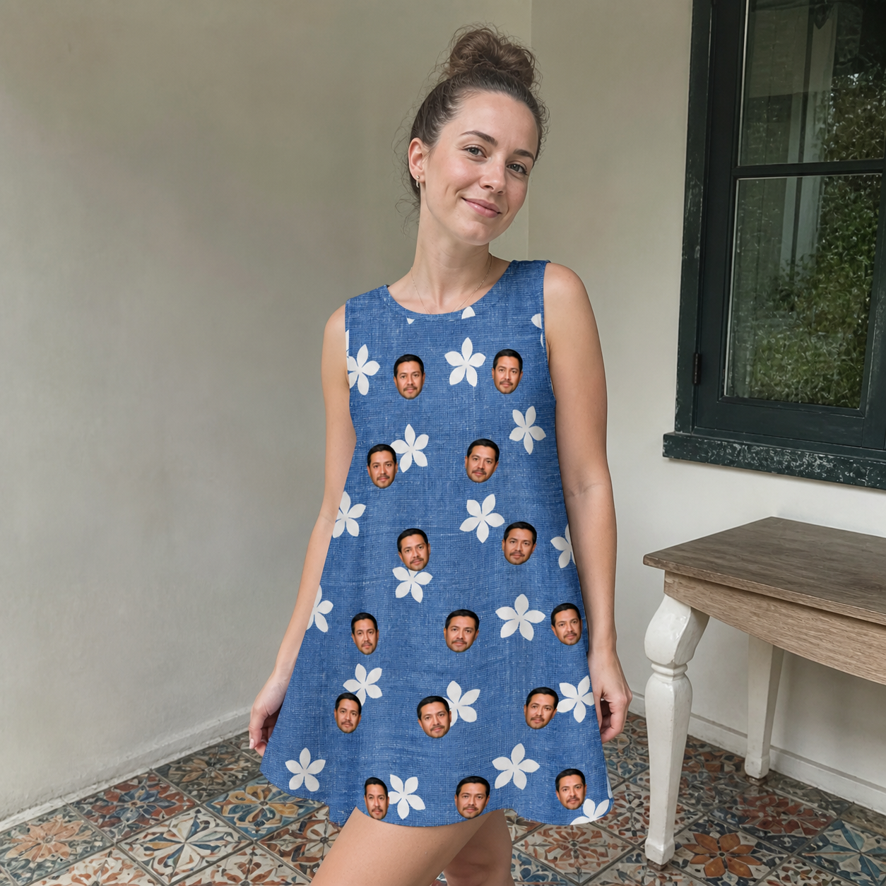 Real-life photo of someone wearing Women's Bloom Lagoon Custom Face Tank Dress — custom faces printed all-over