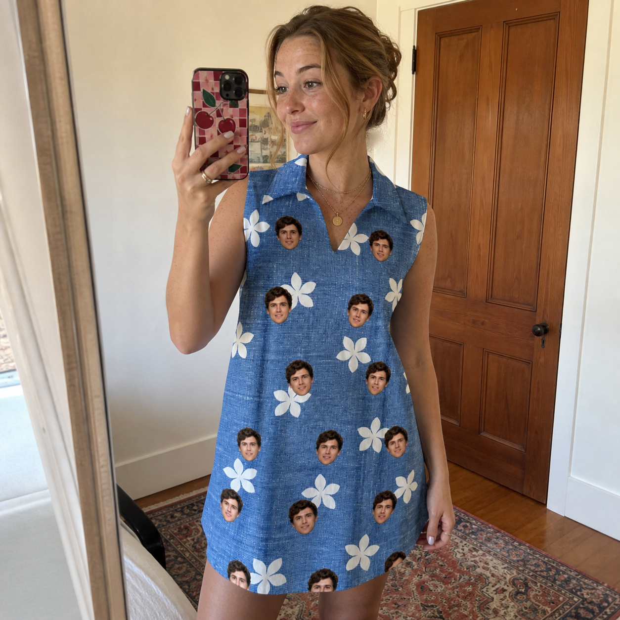 Real-life photo of someone wearing Women's Bloom Lagoon Custom Face V-Neck Dress — custom faces printed all-over