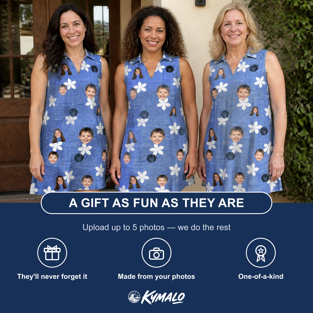 Friends in matching Women's Bloom Lagoon Custom Face V-Neck Dress — a group gift photo