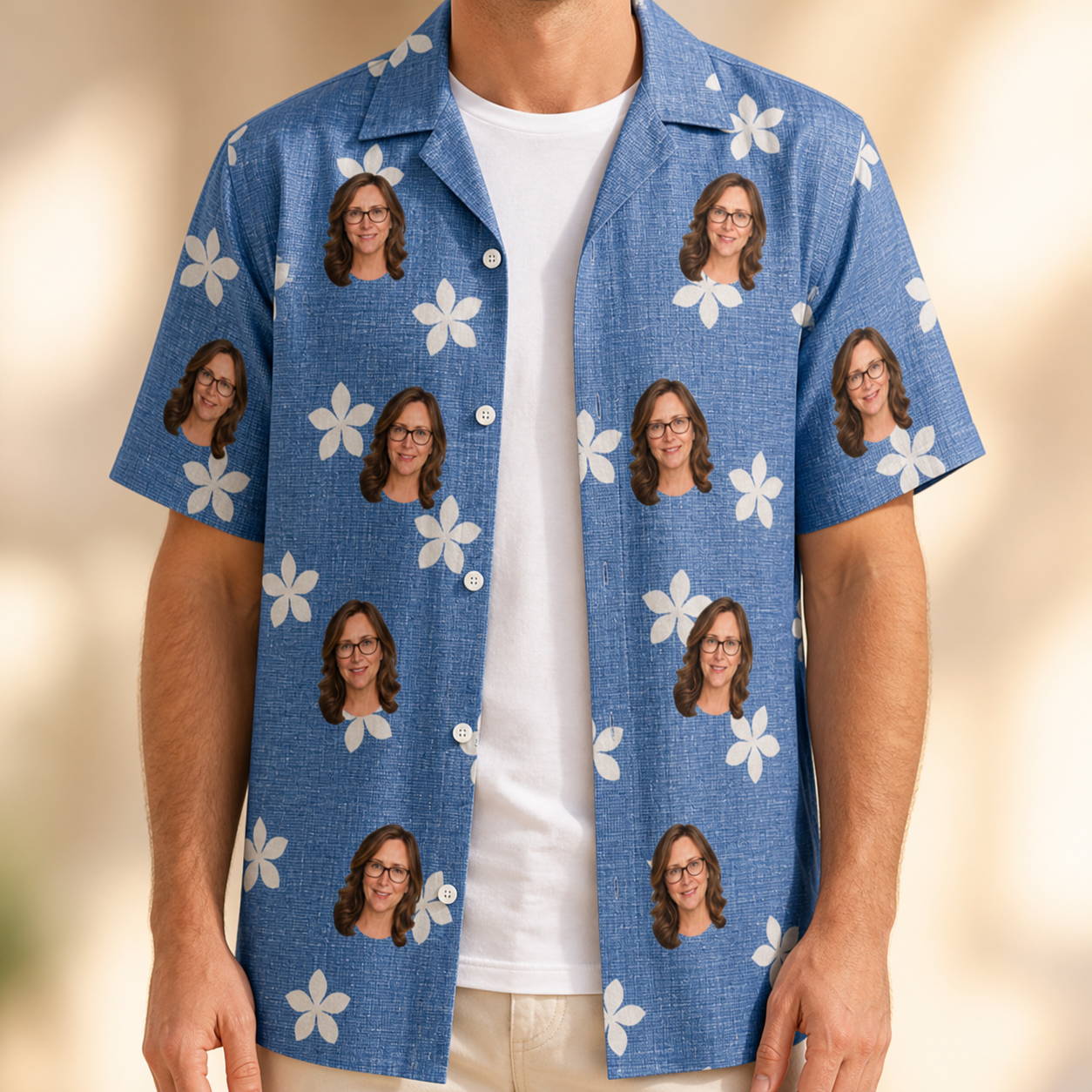 Man wearing Men's Bloom Lagoon Custom Face Hawaiian Shirt open over a white tee