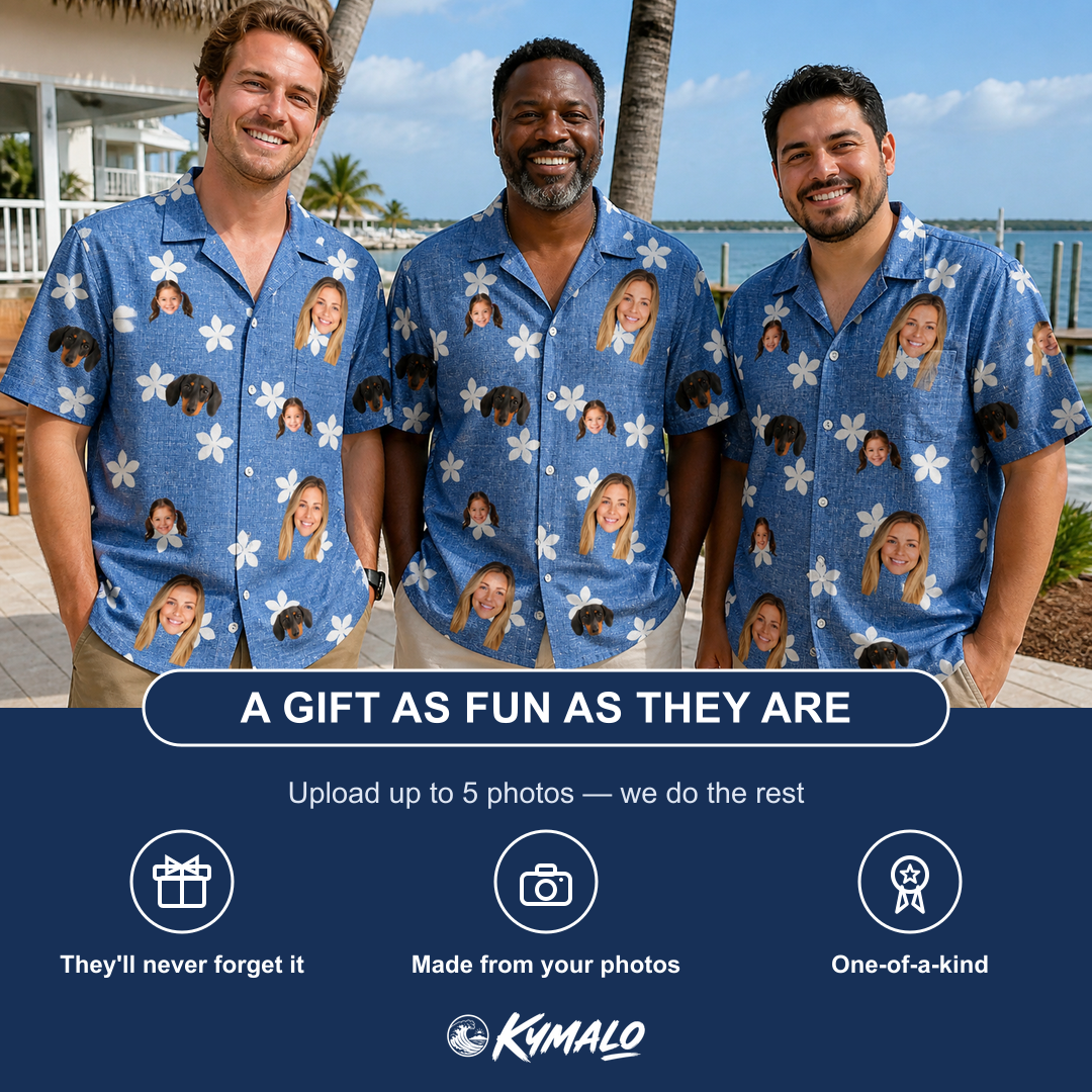 Friends in matching Men's Bloom Lagoon Custom Face Hawaiian Shirt — a group gift photo