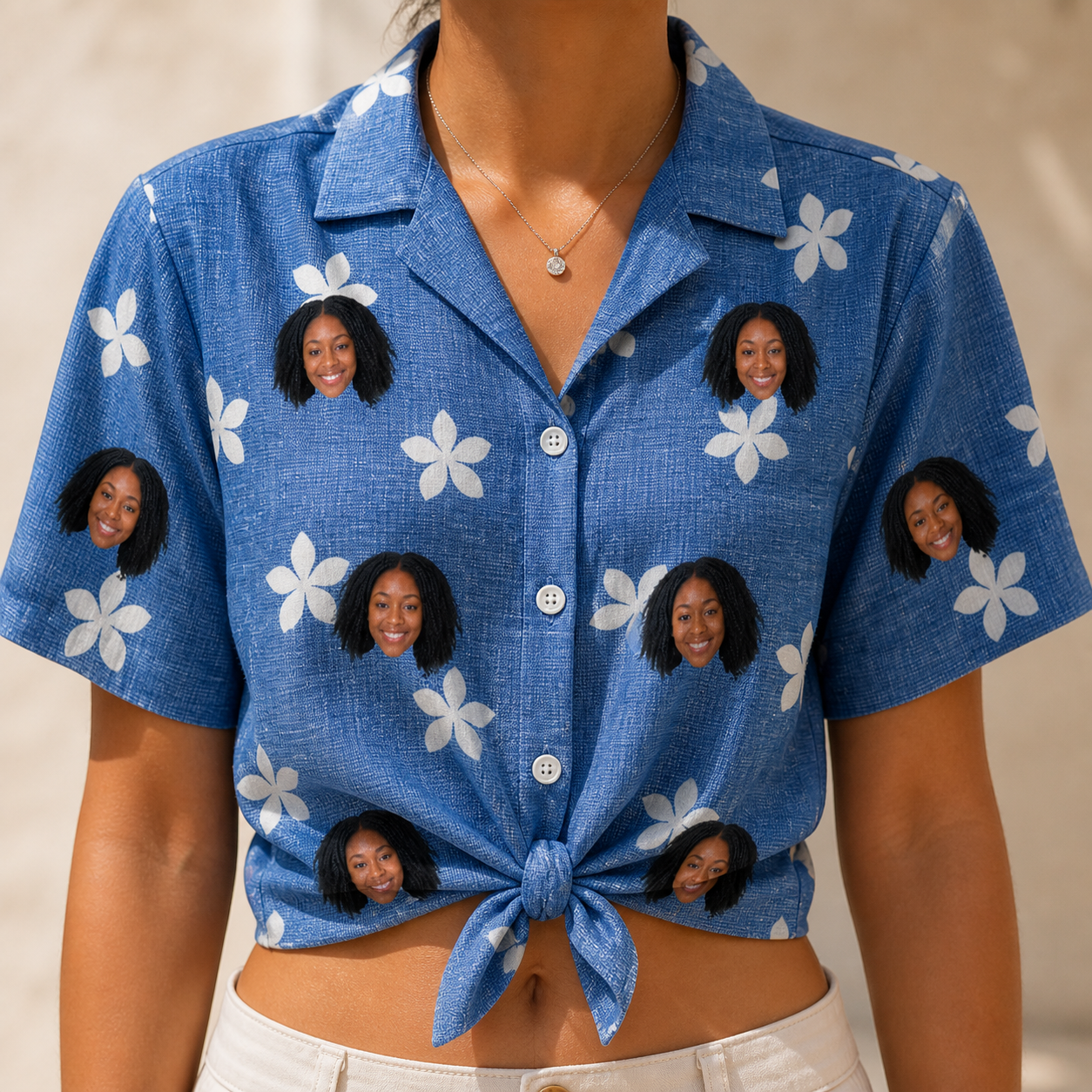 Woman wearing Women's Bloom Lagoon Custom Face Hawaiian Shirt tied at the waist