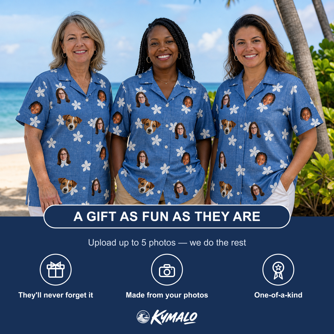 Friends in matching Women's Bloom Lagoon Custom Face Hawaiian Shirt — a group gift photo