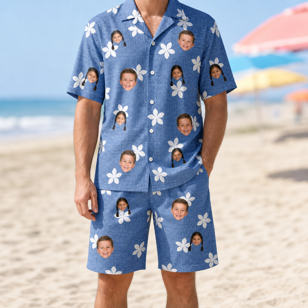 Model wearing Men's Bloom Lagoon Custom Face Shirt & Shorts Set printed with kids' faces