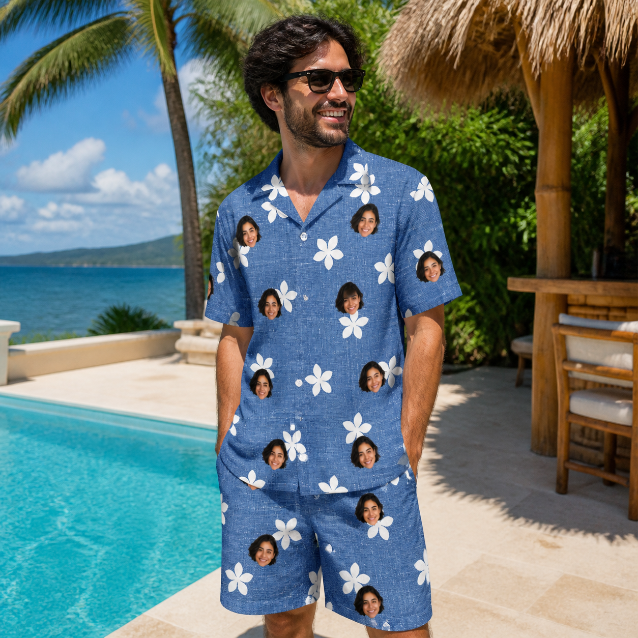 Real-life photo of someone wearing Men's Bloom Lagoon Custom Face Shirt & Shorts Set — custom faces printed all-over