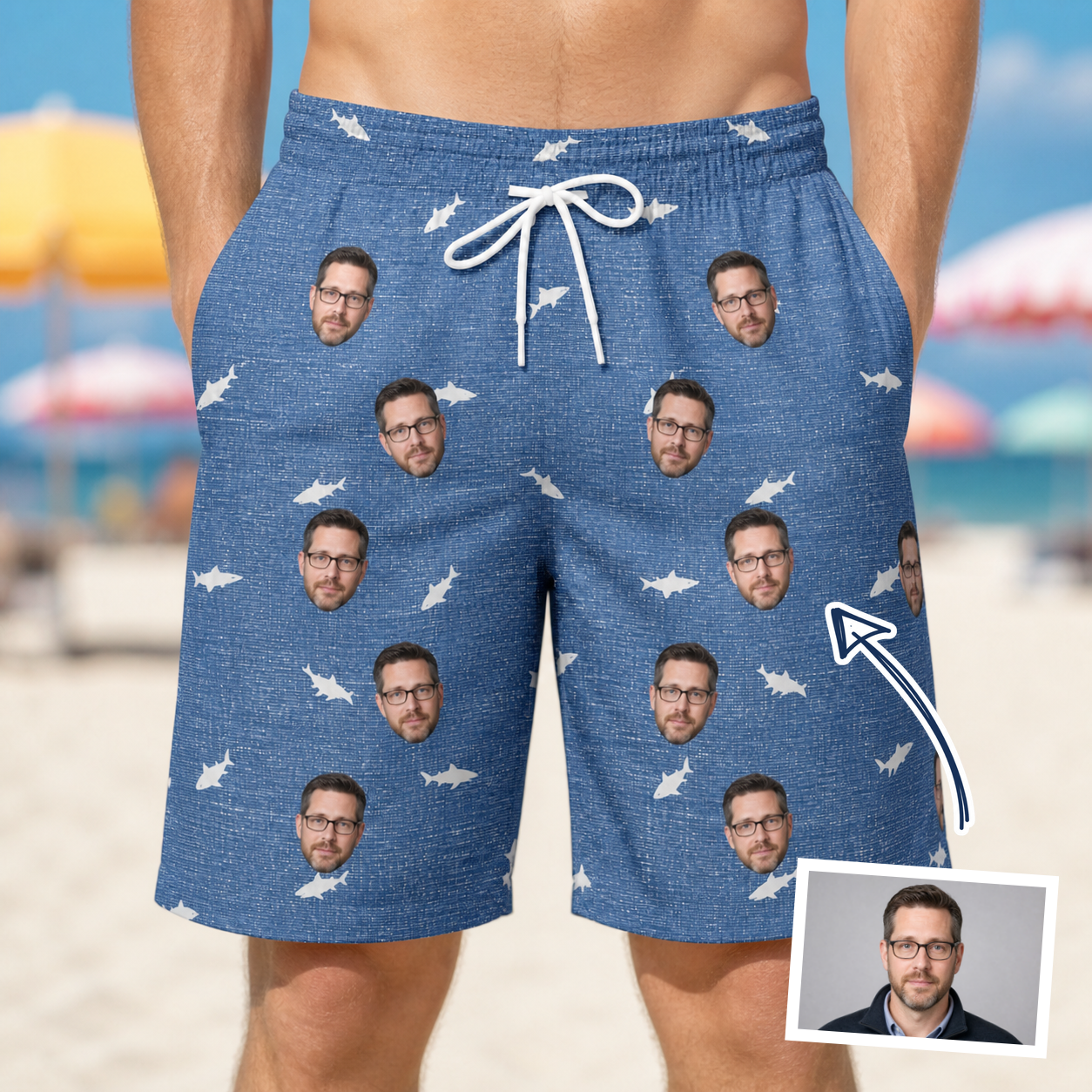 Man wearing Men's Mako Minnows Custom Face Beach Shorts — custom faces printed all-over