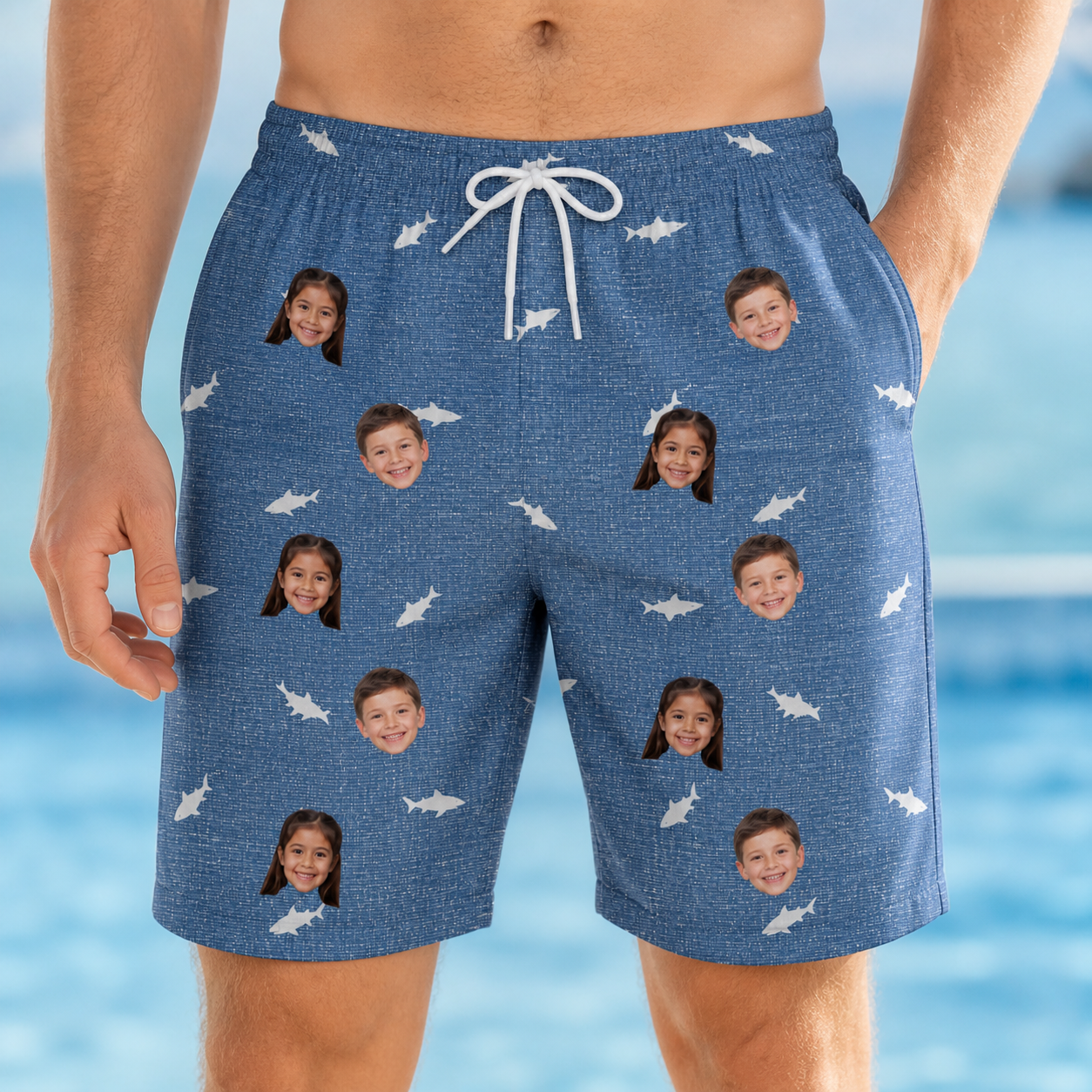 Model wearing Men's Mako Minnows Custom Face Beach Shorts printed with kids' faces